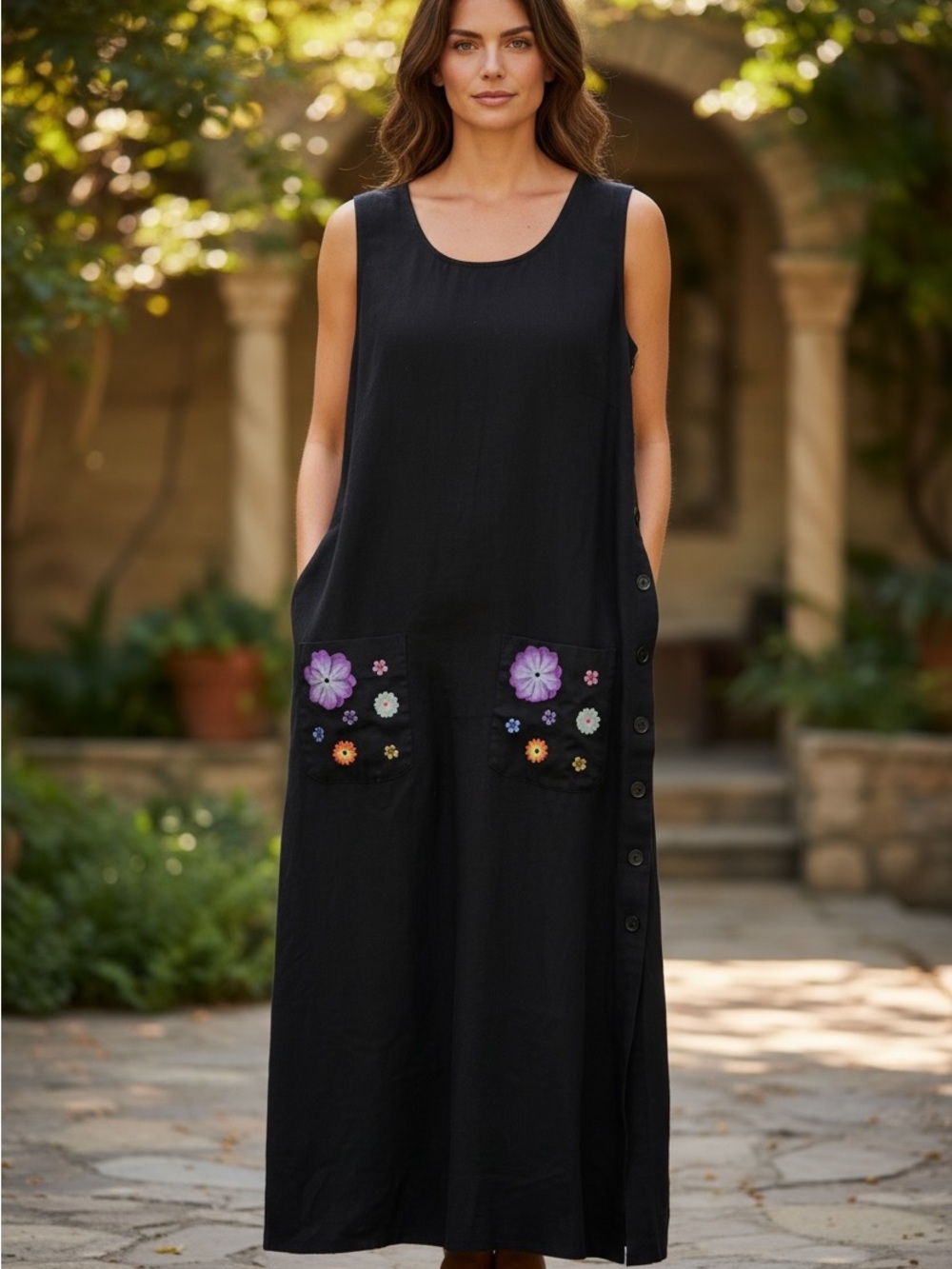VTG 1998 Lonnee G Star Black Cotton Linen Maxi Dress 3D Floral Applique Sz 12